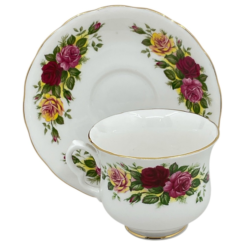 Royal Vale China Tea Cup and Saucer England Bone China Red Pink Yellow Roses‎